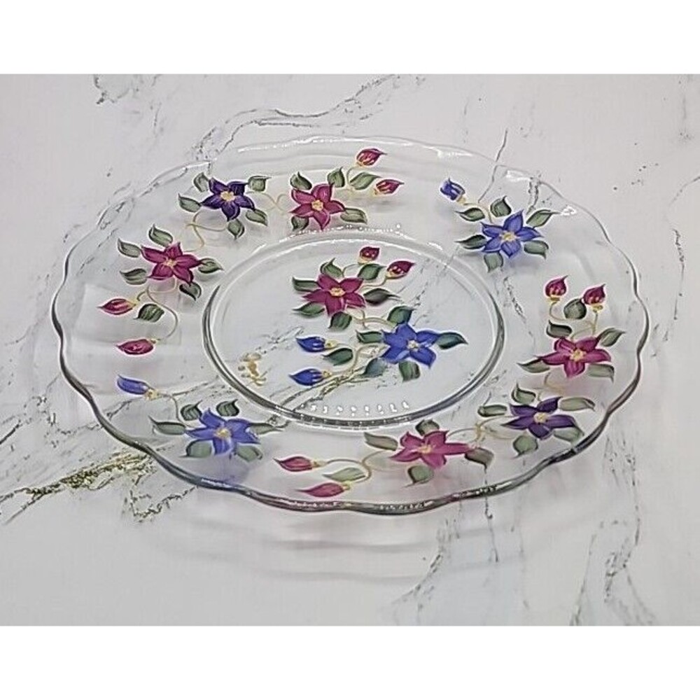 Art Glass Serving Dish Plate Signed Reverse Hand Painted Flowers Floral 9"